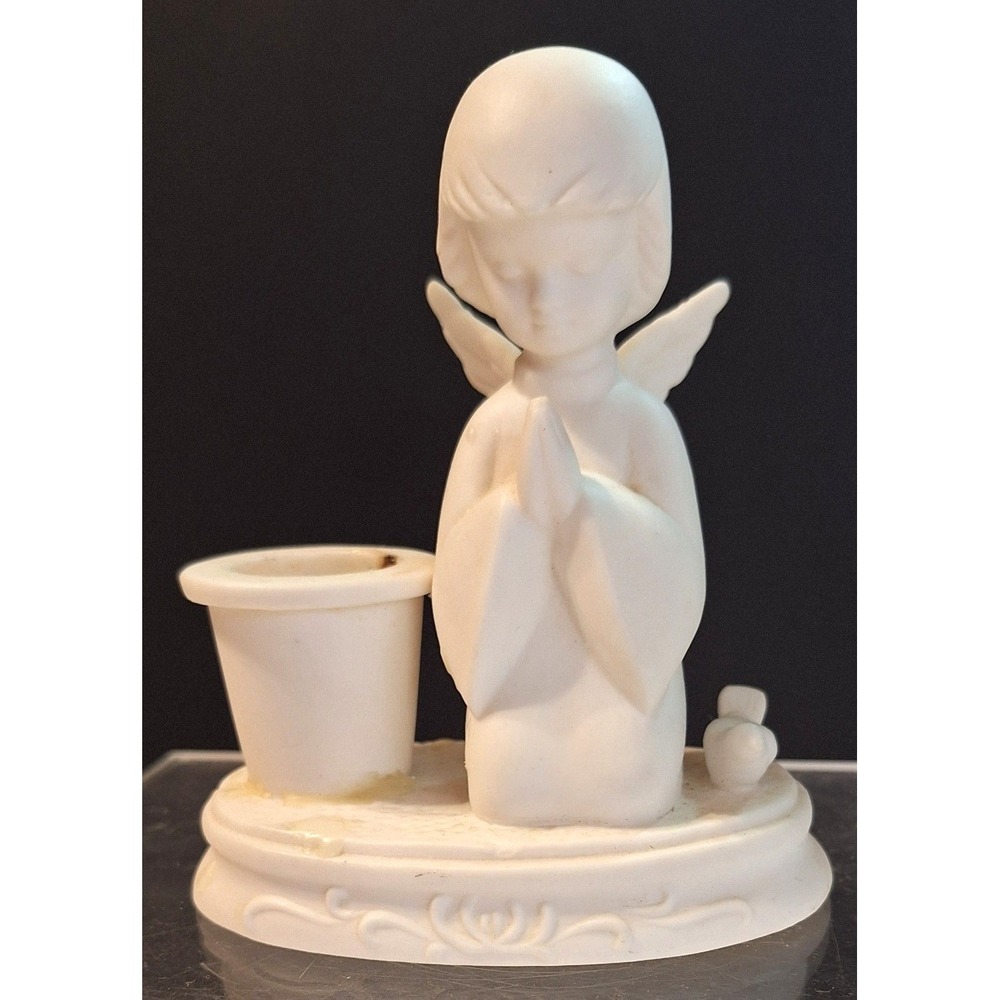 Vintage Howard Holt White Bisque Porcelain Kneeling Angel Bird Candle Holder